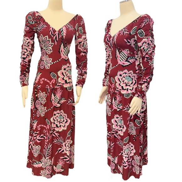 FARM RIO Burgundy Pineapple Inspiration Floral Print V Neck Open Back Maxi Dress - Picture 9 of 11
